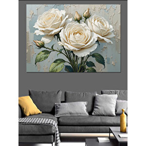 Beyaz Gül Buketi Dekoratif Kanvas - Mdf Ahşap Tablo 70x100 cm