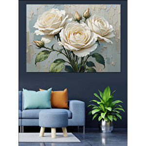 Beyaz Gül Buketi Dekoratif Kanvas - Mdf Ahşap Tablo 70x100 cm