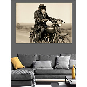 Retro Motosiklet Süren Maymun Dekoratif Kanvas - Mdf Ahşap Tablo