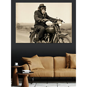 Retro Motosiklet Süren Maymun Dekoratif Kanvas - Mdf Ahşap Tablo