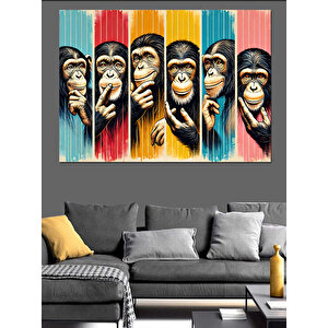 Renkli Üç Maymun İllüstrasyonu Dekoratif Kanvas - Mdf Ahşap Tablo 70x100 cm