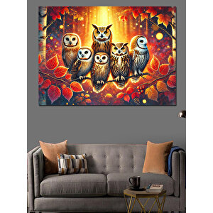 Sevimli Baykuş Ailesi Dekoratif Kanvas - Mdf Ahşap Tablo 70x100 cm