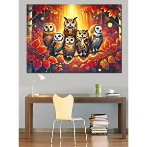 Sevimli Baykuş Ailesi Dekoratif Kanvas - Mdf Ahşap Tablo 70x100 cm