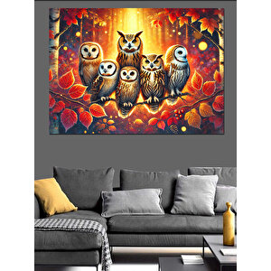 Sevimli Baykuş Ailesi Dekoratif Kanvas - Mdf Ahşap Tablo 70x100 cm
