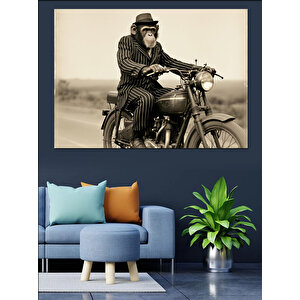 Retro Motosiklet Süren Maymun Dekoratif Kanvas - Mdf Ahşap Tablo 25x35 cm