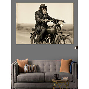 Retro Motosiklet Süren Maymun Dekoratif Kanvas - Mdf Ahşap Tablo 25x35 cm