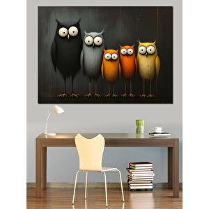 Baykuş Aile Tablosu Dekoratif Kanvas - Mdf Ahşap Tablo 70x100 cm