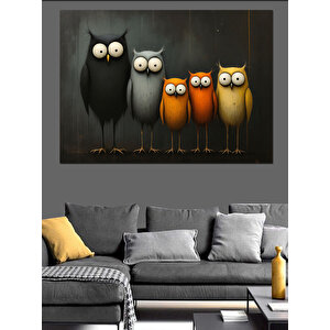 Baykuş Aile Tablosu Dekoratif Kanvas - Mdf Ahşap Tablo 70x100 cm