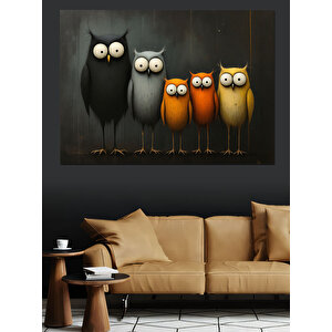 Baykuş Aile Tablosu Dekoratif Kanvas - Mdf Ahşap Tablo 70x100 cm