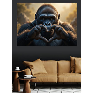 Kalp Yapan Sevimli Goril Dekoratif Kanvas - Mdf Ahşap Tablo