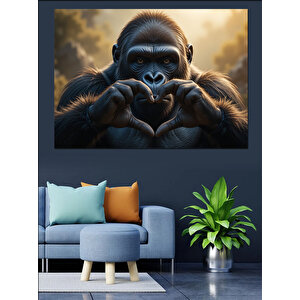 Kalp Yapan Sevimli Goril Dekoratif Kanvas - Mdf Ahşap Tablo