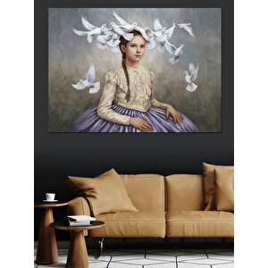 Güvercinli Zarif Kadın Dekoratif Kanvas - Mdf Ahşap Tablo 100x140 cm
