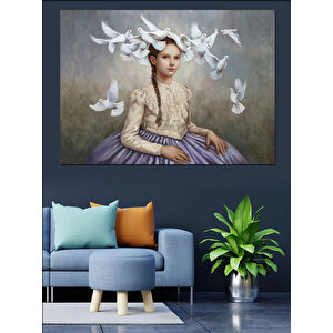 Güvercinli Zarif Kadın Dekoratif Kanvas - Mdf Ahşap Tablo 100x140 cm