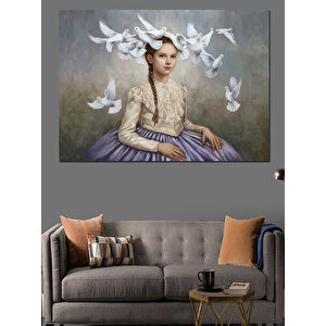 Güvercinli Zarif Kadın Dekoratif Kanvas - Mdf Ahşap Tablo 100x140 cm