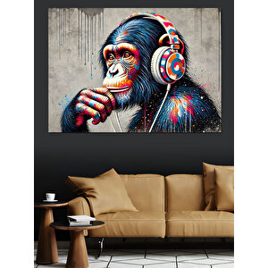 Kulaklık Takmış Renkli Maymun Dekoratif Kanvas - Mdf Ahşap Tablo 35x50 cm