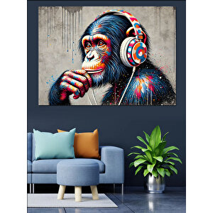 Kulaklık Takmış Renkli Maymun Dekoratif Kanvas - Mdf Ahşap Tablo 35x50 cm