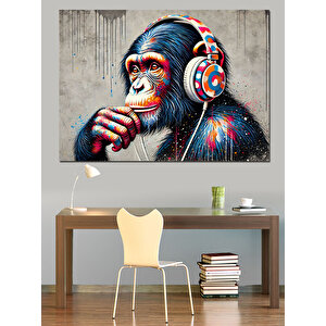 Kulaklık Takmış Renkli Maymun Dekoratif Kanvas - Mdf Ahşap Tablo