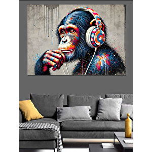 Kulaklık Takmış Renkli Maymun Dekoratif Kanvas - Mdf Ahşap Tablo 50x70 cm