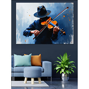 Mavi Gömlekli Keman Çalan Adam Dekoratif Kanvas - Mdf Ahşap Tablo 70x100 cm