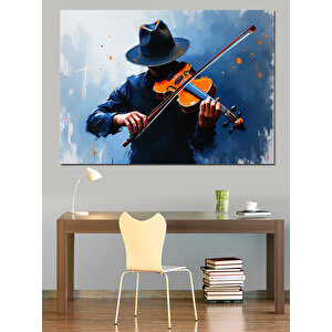 Mavi Gömlekli Keman Çalan Adam Dekoratif Kanvas - Mdf Ahşap Tablo 70x100 cm
