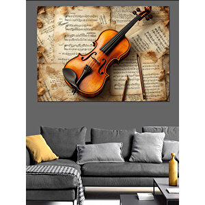Eski Keman Ve Nota Dekoratif Kanvas - Mdf Ahşap Tablo 100x140 cm