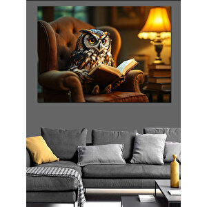Kitap Okuyan Baykuş Dekoratif Kanvas - Mdf Ahşap Tablo 70x100 cm