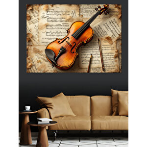Eski Keman Ve Nota Dekoratif Kanvas - Mdf Ahşap Tablo