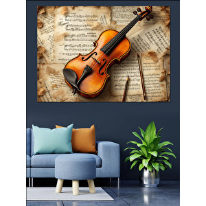 Eski Keman Ve Nota Dekoratif Kanvas - Mdf Ahşap Tablo