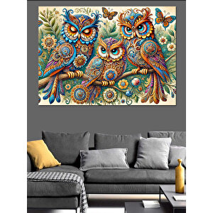 Mandala Renkli Baykuşlar Dekoratif Kanvas - Mdf Ahşap Tablo 100x140 cm