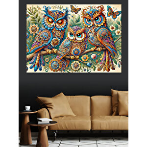 Mandala Renkli Baykuşlar Dekoratif Kanvas - Mdf Ahşap Tablo 100x140 cm