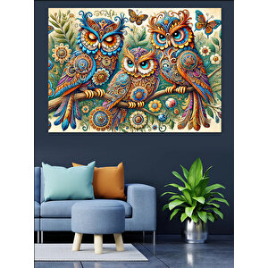 Mandala Renkli Baykuşlar Dekoratif Kanvas - Mdf Ahşap Tablo 100x140 cm