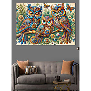 Mandala Renkli Baykuşlar Dekoratif Kanvas - Mdf Ahşap Tablo