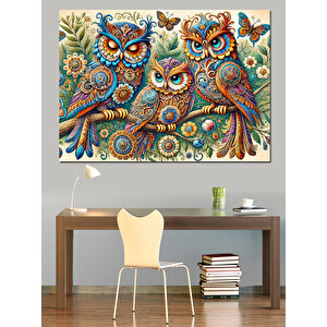 Mandala Renkli Baykuşlar Dekoratif Kanvas - Mdf Ahşap Tablo