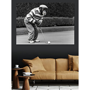 Siyah Beyaz Golfçü Maymun Dekoratif Kanvas - Mdf Ahşap Tablo 50x70 cm