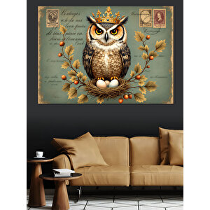Taçlı Bilge Baykuş Dekoratif Kanvas - Mdf Ahşap Tablo 70x100 cm