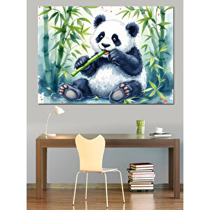 Bambu Yiyen Sevimli Panda Dekoratif Kanvas - Mdf Ahşap Tablo 100x140 cm