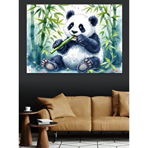 Bambu Yiyen Sevimli Panda Dekoratif Kanvas - Mdf Ahşap Tablo 100x140 cm