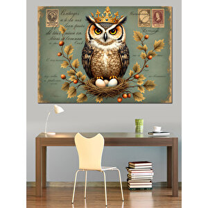 Taçlı Bilge Baykuş Dekoratif Kanvas - Mdf Ahşap Tablo