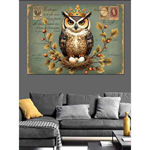 Taçlı Bilge Baykuş Dekoratif Kanvas - Mdf Ahşap Tablo 25x35 cm