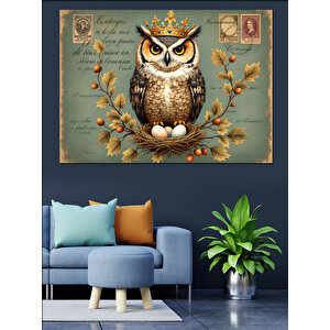 Taçlı Bilge Baykuş Dekoratif Kanvas - Mdf Ahşap Tablo 25x35 cm