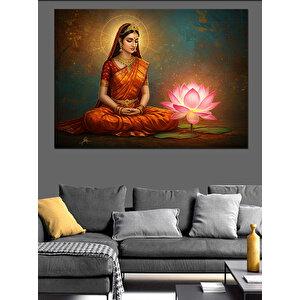 Pembe Lotus Üzerinde Kadın Dekoratif Kanvas - Mdf Ahşap Tablo 100x140 cm