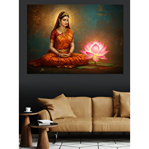 Pembe Lotus Üzerinde Kadın Dekoratif Kanvas - Mdf Ahşap Tablo 100x140 cm