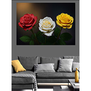 Üç Renkli Gül Buketi Dekoratif Kanvas - Mdf Ahşap Tablo 70x100 cm