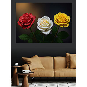 Üç Renkli Gül Buketi Dekoratif Kanvas - Mdf Ahşap Tablo 70x100 cm
