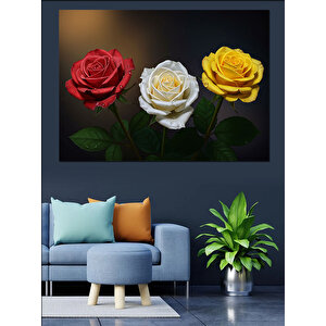 Üç Renkli Gül Buketi Dekoratif Kanvas - Mdf Ahşap Tablo 70x100 cm
