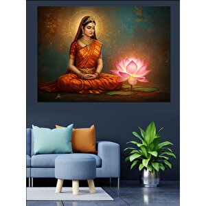 Pembe Lotus Üzerinde Kadın Dekoratif Kanvas - Mdf Ahşap Tablo 70x100 cm