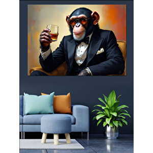 Takım Elbiseli Viski İçen Maymun Dekoratif Kanvas - Mdf Ahşap Tablo 50x70 cm