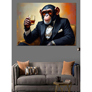 Takım Elbiseli Viski İçen Maymun Dekoratif Kanvas - Mdf Ahşap Tablo 50x70 cm