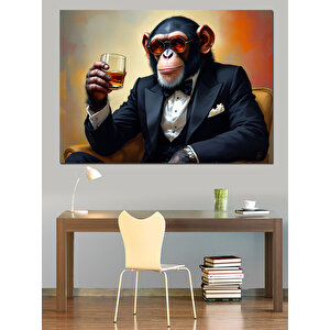 Takım Elbiseli Viski İçen Maymun Dekoratif Kanvas - Mdf Ahşap Tablo 50x70 cm