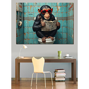Gazete Okuyan Gözlüklü Maymun Dekoratif Kanvas - Mdf Ahşap Tablo 35x50 cm